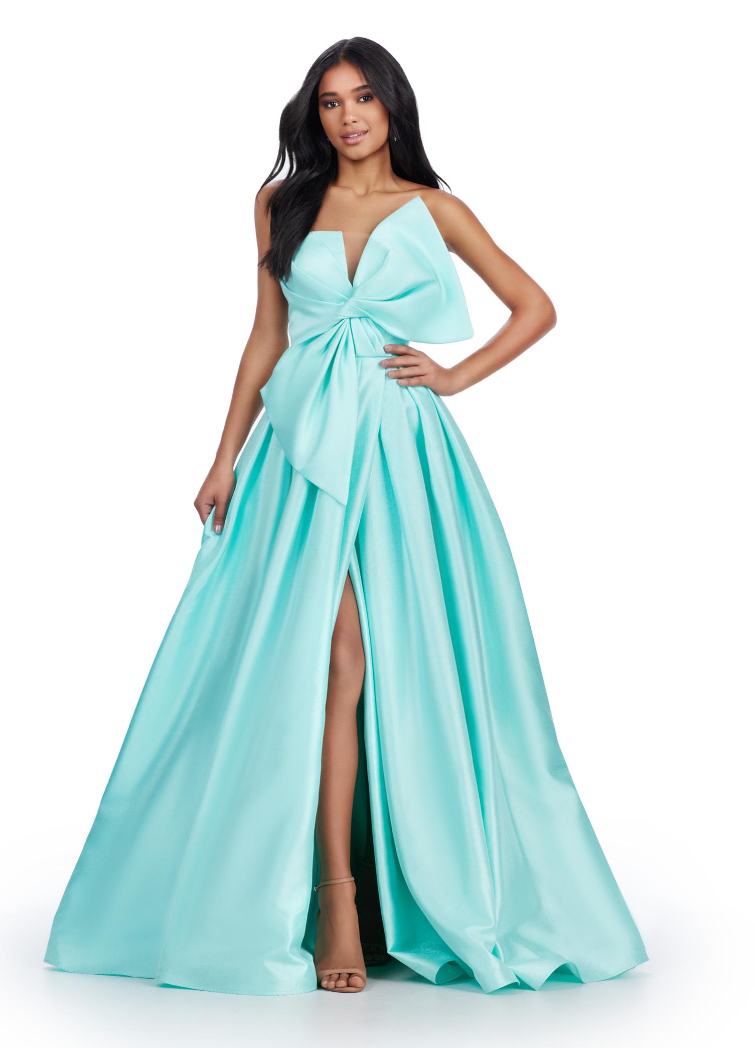 Aqua ASHLEYlauren 11609 Strapless Mikado Ball Gown with Illusion V-Neckline, Oversized Asymmetrical Bow, and A-Line Wrap Skirt
