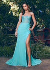 Aqua ASHLEYlauren 11616 Spaghetti Strap Gown with Beaded Corset Bustier, Press On Stone Embellishments, and Left Leg Slit