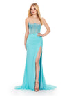 Aqua ASHLEYlauren 11616 Spaghetti Strap Gown with Beaded Corset Bustier, Press On Stone Embellishments, and Left Leg Slit