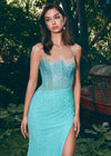 Aqua ASHLEYlauren 11616 Spaghetti Strap Gown with Beaded Corset Bustier, Press On Stone Embellishments, and Left Leg Slit