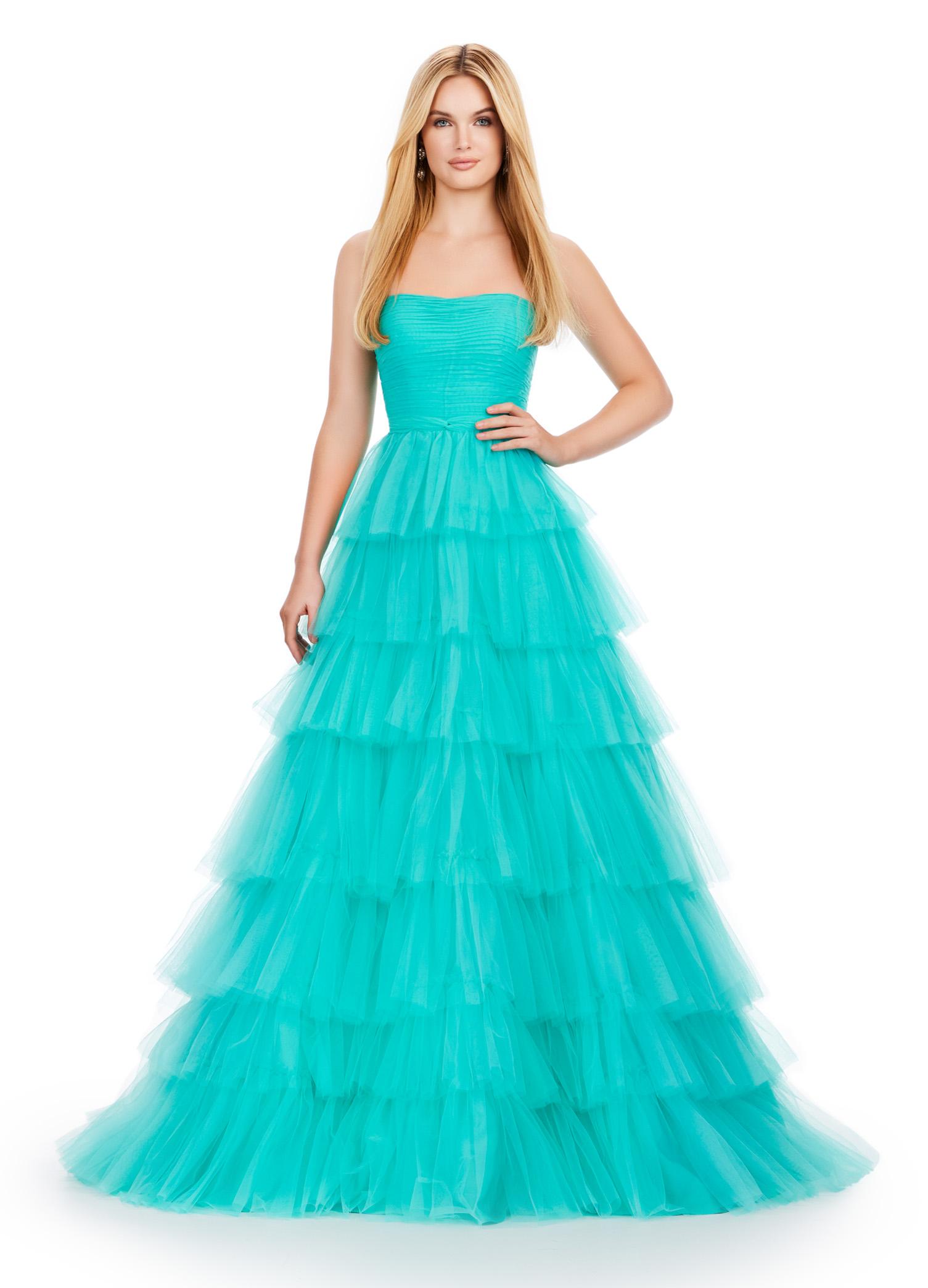 Aqua ASHLEYlauren 11621 Strapless Tulle Ball Gown with Ruched Bustier and Layered Multi-Tiered Skirt