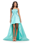 Aqua ASHLEYlauren 11734 elegant satin high-low gown featuring a strapless neckline, floral press-on stone design, and a dramatic silhouette for a modern and glamorous look.