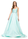 Aqua ASHLEYlauren 11773 elegant Mikado ball gown featuring a flattering sweetheart neckline, beaded belt, and a full ball gown skirt for a regal and timeless look.