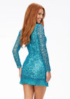 Back - ASHLEYlauren 4438 – A sassy and classy fully hand-beaded long sleeve cocktail dress featuring a fitted skirt with fringe detail along the left leg slit and hemline. Perfect for making a bold, elegant statement at any event.