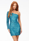 Aqua ASHLEYlauren 4457 fully hand-beaded cocktail dress featuring a one shoulder sleeve and a fitted skirt for a sleek and glamorous silhouette.