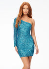 Aqua ASHLEYlauren 4457 fully hand-beaded cocktail dress featuring a one shoulder sleeve and a fitted skirt for a sleek and glamorous silhouette.