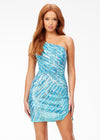Aqua ASHLEYlauren 4509 hand-beaded cocktail dress featuring a one shoulder neckline, illusion side cut-out, perfectly placed bead pattern to accentuate curves, a fitted skirt, and full zipper back for a glamorous and elegant look.