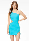 Aqua ASHLEYlauren 4516 one shoulder scuba cocktail dress featuring an illusion cut-out at the waistline, left leg slit embellished with crystal detailing, and a sleek, fitted silhouette for a modern and elegant look.