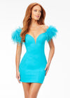 Aqua ASHLEYlauren 4523 off shoulder scuba cocktail dress featuring a sweetheart neckline, feather details, and signature contour seaming for a flattering and elegant silhouette.