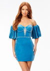 Aqua ASHLEYlauren 4525 velvet cocktail dress featuring a crystal-encrusted sweetheart bustier, detachable puff sleeve armbands, and a fitted skirt for a glamorous and versatile look.