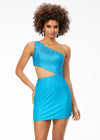 Aqua ASHLEYlauren 4533 one shoulder jersey cocktail dress featuring an asymmetrical cut-out side, heat set stone embellishments, and a fitted skirt for a bold and glamorous look.