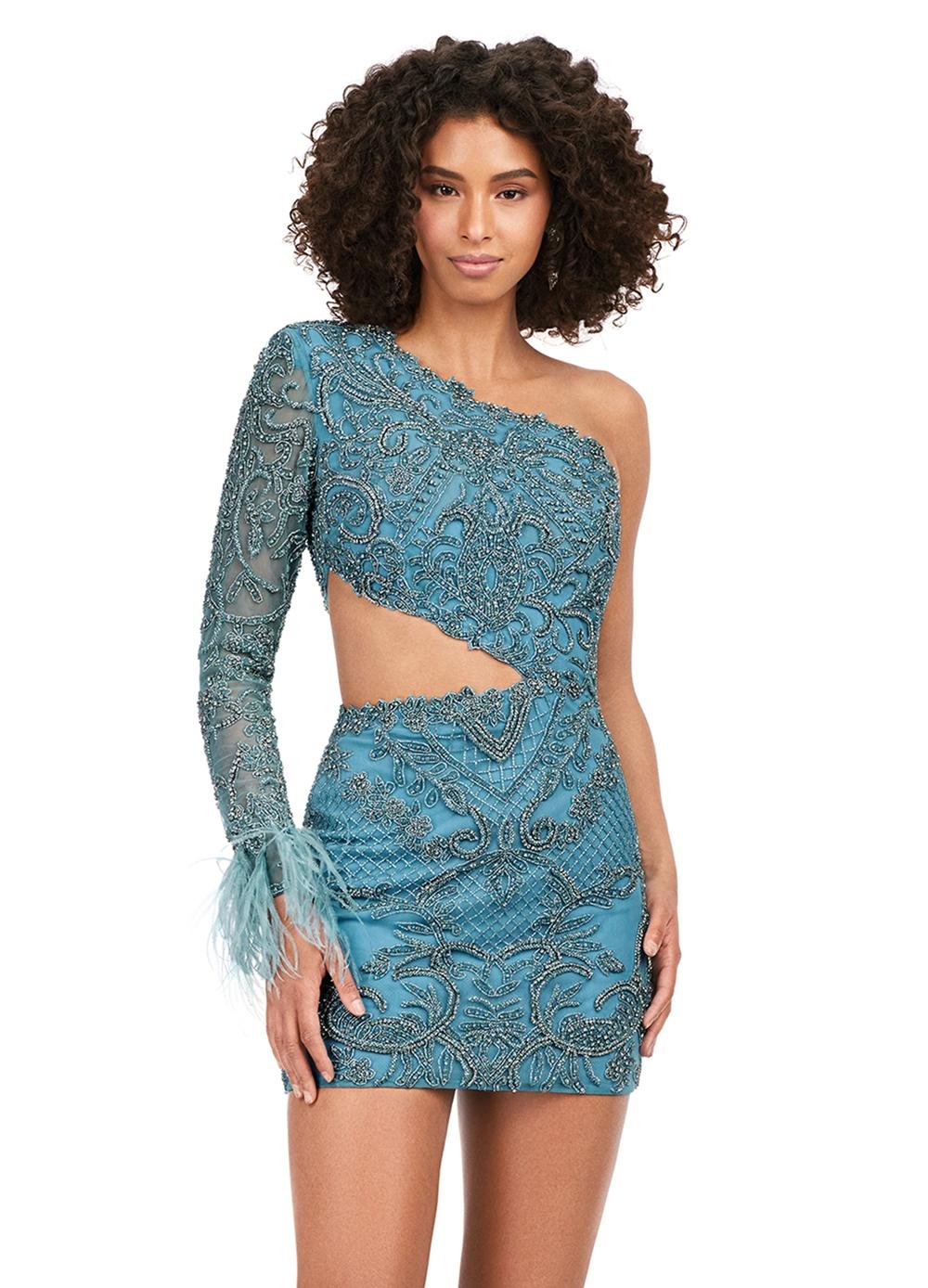 Front - Aqua ASHLEYlauren 4565 fully beaded cocktail dress featuring a one sleeve design, modern waist cut-out, and feather accents at the wrist for a bold and glamorous look.