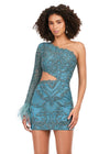 Aqua ASHLEYlauren 4565 fully beaded cocktail dress featuring a one sleeve design, modern waist cut-out, and feather accents at the wrist for a bold and glamorous look.