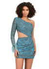 Front - Aqua ASHLEYlauren 4565 fully beaded cocktail dress featuring a one sleeve design, modern waist cut-out, and feather accents at the wrist for a bold and glamorous look.