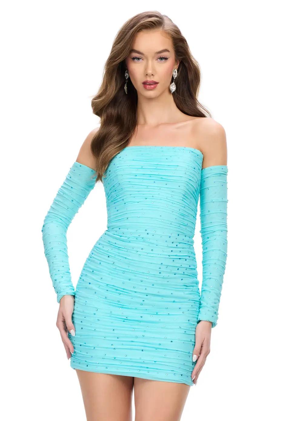 Aqua ASHLEYlauren 4598 form-fitting strapless cocktail dress featuring elegant ruching, detachable sleeves, and heat-set stones for a glamorous and versatile statement look.