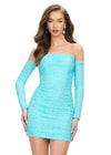 Aqua ASHLEYlauren 4598 form-fitting strapless cocktail dress featuring elegant ruching, detachable sleeves, and heat-set stones for a glamorous and versatile statement look.