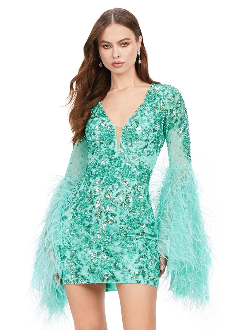 Aqua ASHLEYlauren 4603 fully beaded cocktail dress featuring a V-neckline, feather-adorned flare sleeves, full back, and fitted skirt for a bold and glamorous statement look.