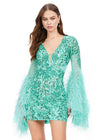 Aqua ASHLEYlauren 4603 fully beaded cocktail dress featuring a V-neckline, feather-adorned flare sleeves, full back, and fitted skirt for a bold and glamorous statement look.
