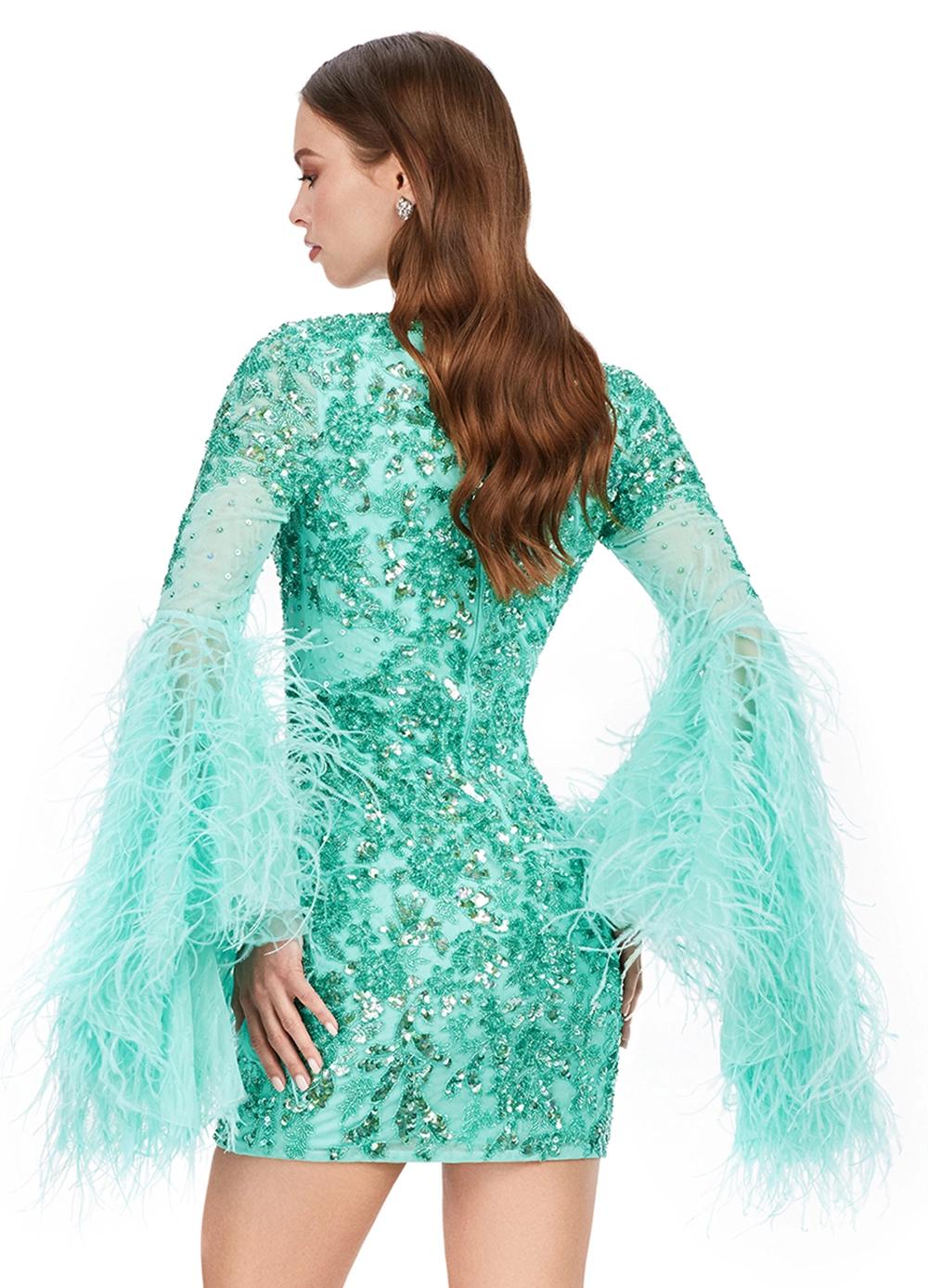 Back - Aqua ASHLEYlauren 4603 fully beaded cocktail dress featuring a V-neckline, feather-adorned flare sleeves, full back, and fitted skirt for a bold and glamorous statement look.