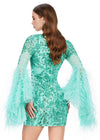 Back - Aqua ASHLEYlauren 4603 fully beaded cocktail dress featuring a V-neckline, feather-adorned flare sleeves, full back, and fitted skirt for a bold and glamorous statement look.