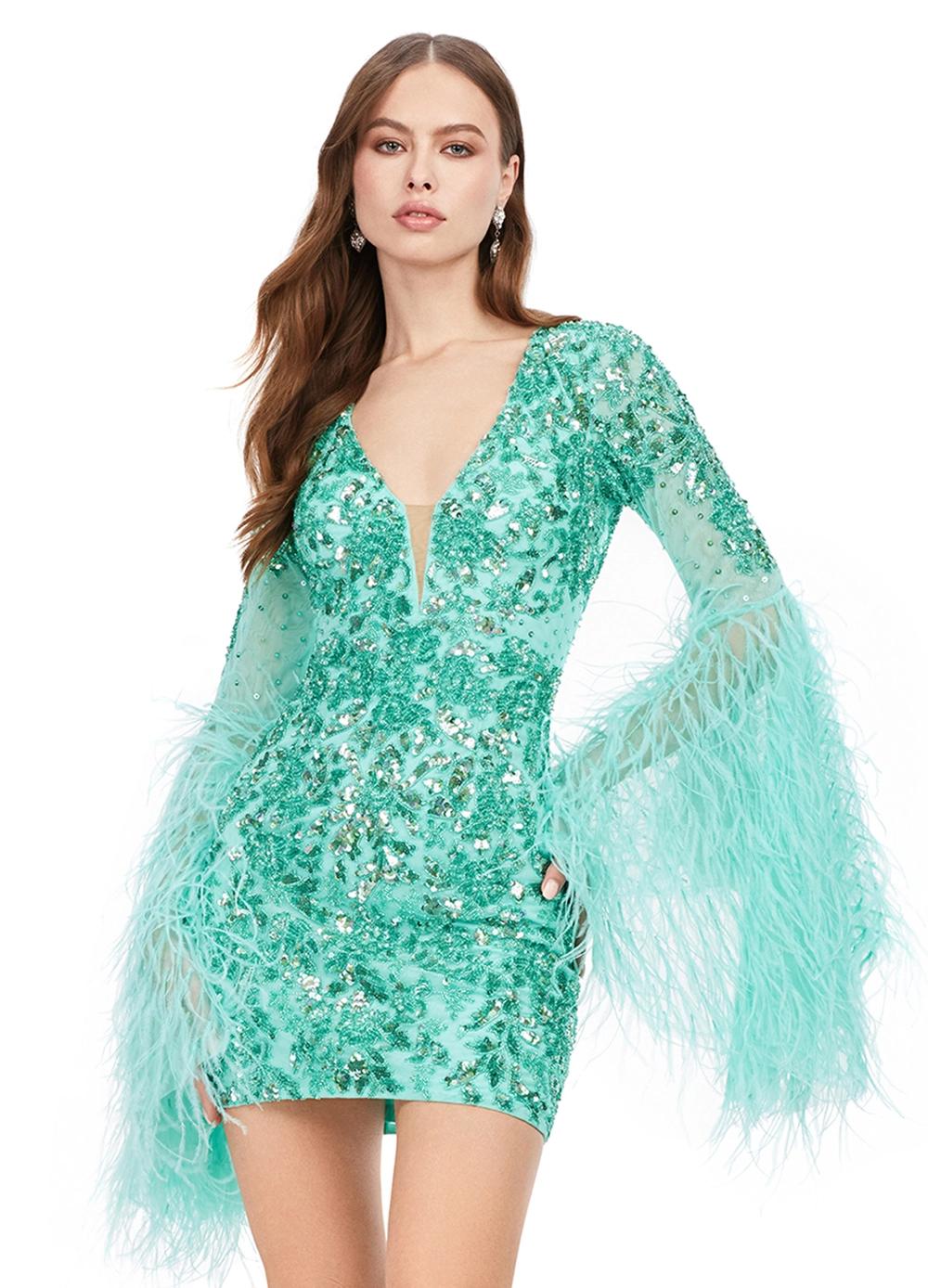 Front - Aqua ASHLEYlauren 4603 fully beaded cocktail dress featuring a V-neckline, feather-adorned flare sleeves, full back, and fitted skirt for a bold and glamorous statement look.