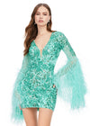 Front - Aqua ASHLEYlauren 4603 fully beaded cocktail dress featuring a V-neckline, feather-adorned flare sleeves, full back, and fitted skirt for a bold and glamorous statement look.