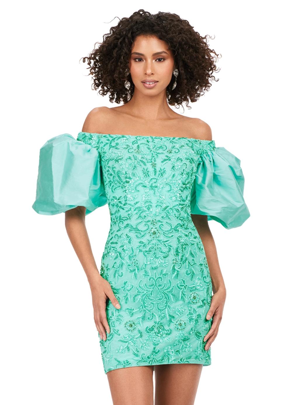 Aqua ASHLEYlauren 4609 off shoulder gown featuring taffeta puff sleeves, intricate beading throughout, and a fitted skirt for an elegant and timeless look.