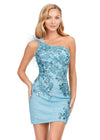 Aqua ASHLEYlauren 4612 fully sequin cocktail dress featuring a one shoulder neckline with feather details, an intricately beaded bustier, and a fitted skirt for a bold and glamorous look.