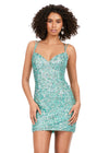 Front - Aqua ASHLEYlauren 4625 fully beaded sequin cocktail dress featuring a sweetheart neckline, double spaghetti straps, fitted silhouette, and lace-up back for a glamorous and elegant look.