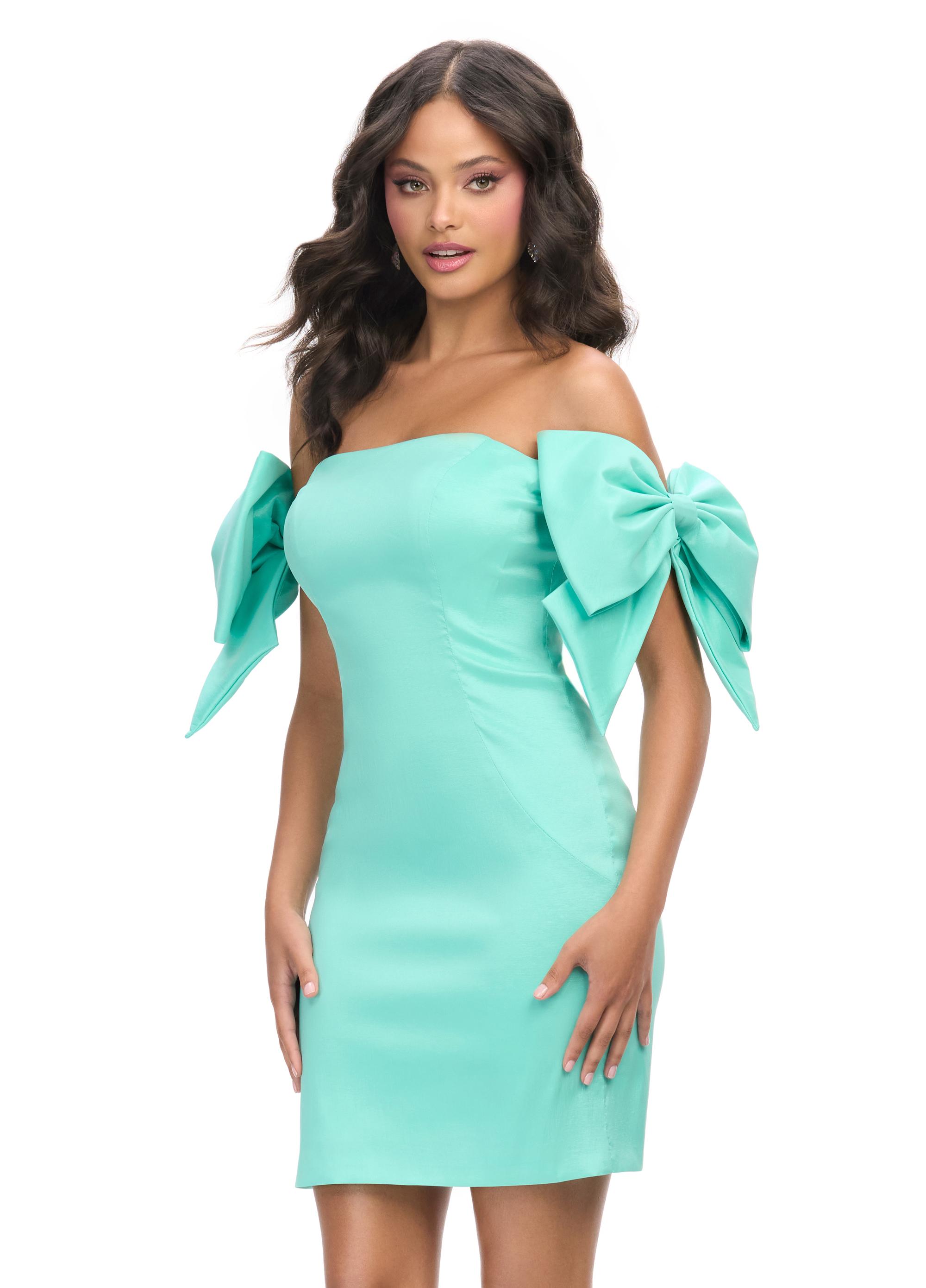 Aqua ASHLEYlauren 4725 off shoulder taffeta cocktail dress featuring strapless design, charming bow details on the straps, and a fitted skirt for an elegant and playful look.
