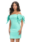 Aqua ASHLEYlauren 4725 off shoulder taffeta cocktail dress featuring strapless design, charming bow details on the straps, and a fitted skirt for an elegant and playful look.