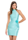 Aqua ASHLEYlauren 4802 Mikado A-Line Dress with Halter Neckline, Ruched Skirt, and 3D Floral Accent