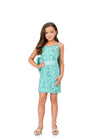 Aqua ASHLEYlauren 8230 fully beaded fitted kids cocktail dress featuring delicate spaghetti straps, an oversized removable bow, and extra jewel embellishments along the neckline for a glamorous and fun look.
