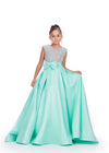 Aqua ASHLEYlauren 8247 adorable kids ball gown featuring a fully embellished cap sleeve bodice, ruched waistline, and a full satin skirt accented with a bow for a charming and elegant look.
