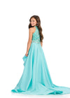 Back - Aqua ASHLEYlauren 8288 Kids High-Low Taffeta Gown with Halter Neckline, Fully Beaded Bustier, and Sweeping Train