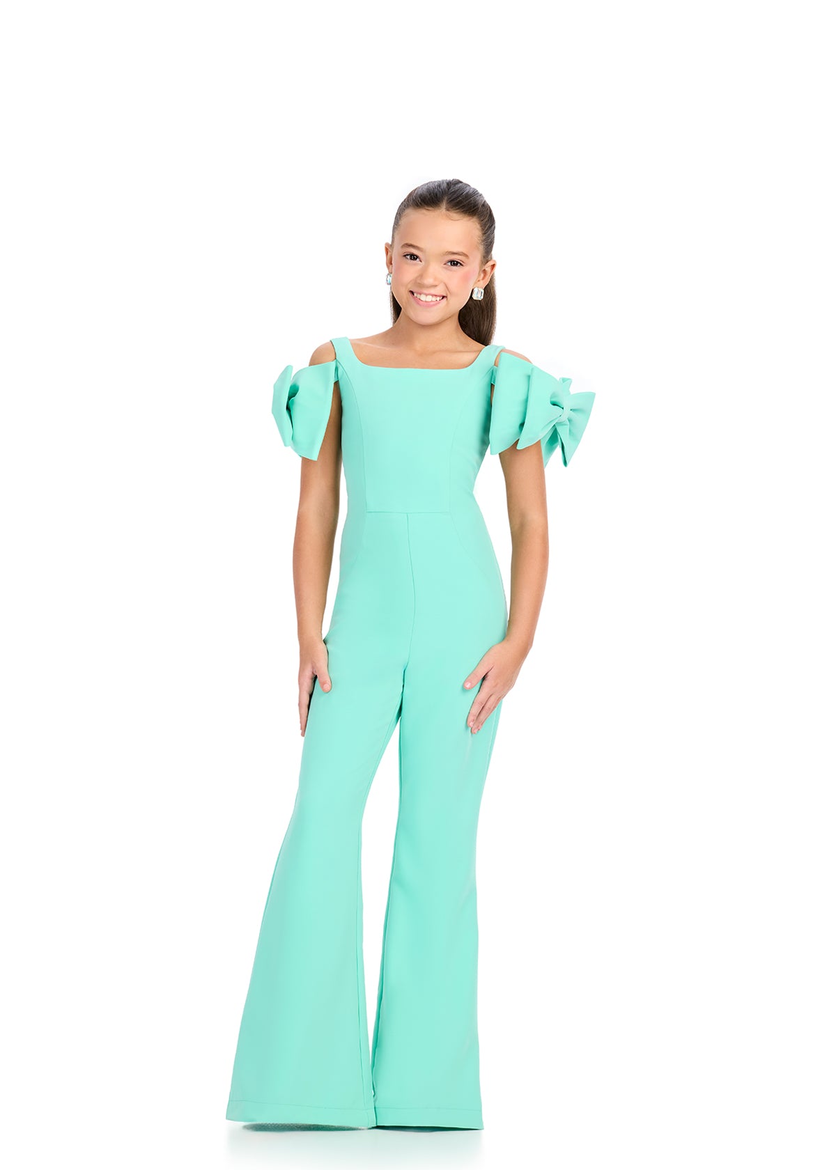 ASHLEYlauren 8307 Off-Shoulder Jersey Jumpsuit with Bow Accents
