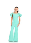 Aqua ASHLEYlauren 8307 Jersey Jumpsuit with Off-Shoulder Bow Accents, Scoop Neckline, and V-Back