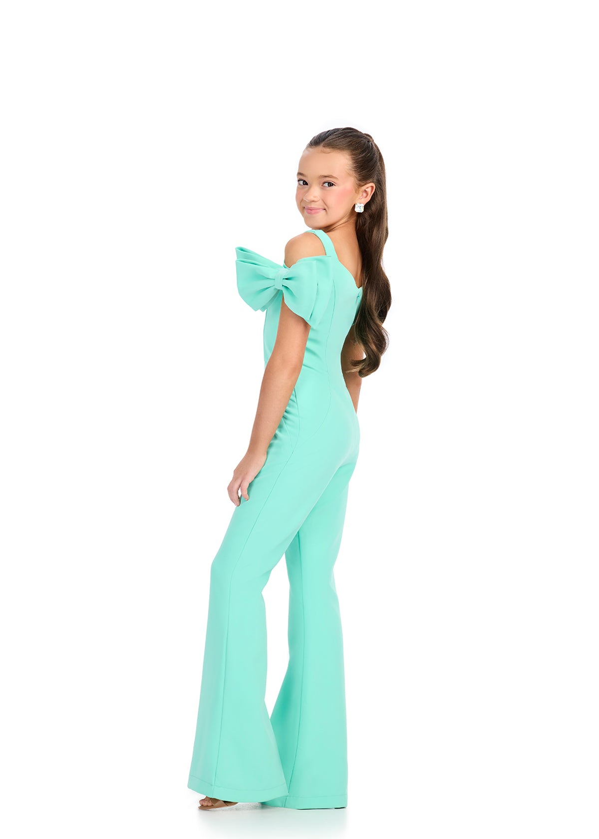 ASHLEYlauren 8307 Off-Shoulder Jersey Jumpsuit with Bow Accents