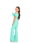 Back - Aqua ASHLEYlauren 8307 Jersey Jumpsuit with Off-Shoulder Bow Accents, Scoop Neckline, and V-Back