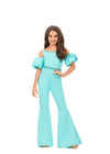Aqua ASHLEYlauren Kids 8164 stylish scuba jumpsuit featuring a crew neckline, off shoulder puff sleeves, beaded neckline and waistband for a perfect blend of classy and fabulous.