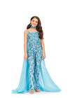 Aqua ASHLEYlauren Kids 8190 Fully Beaded Jumpsuit with Matching Choker and Attached Cape
