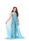 Aqua ASHLEYlauren Kids 8190 Fully Beaded Jumpsuit with Matching Choker and Attached Cape