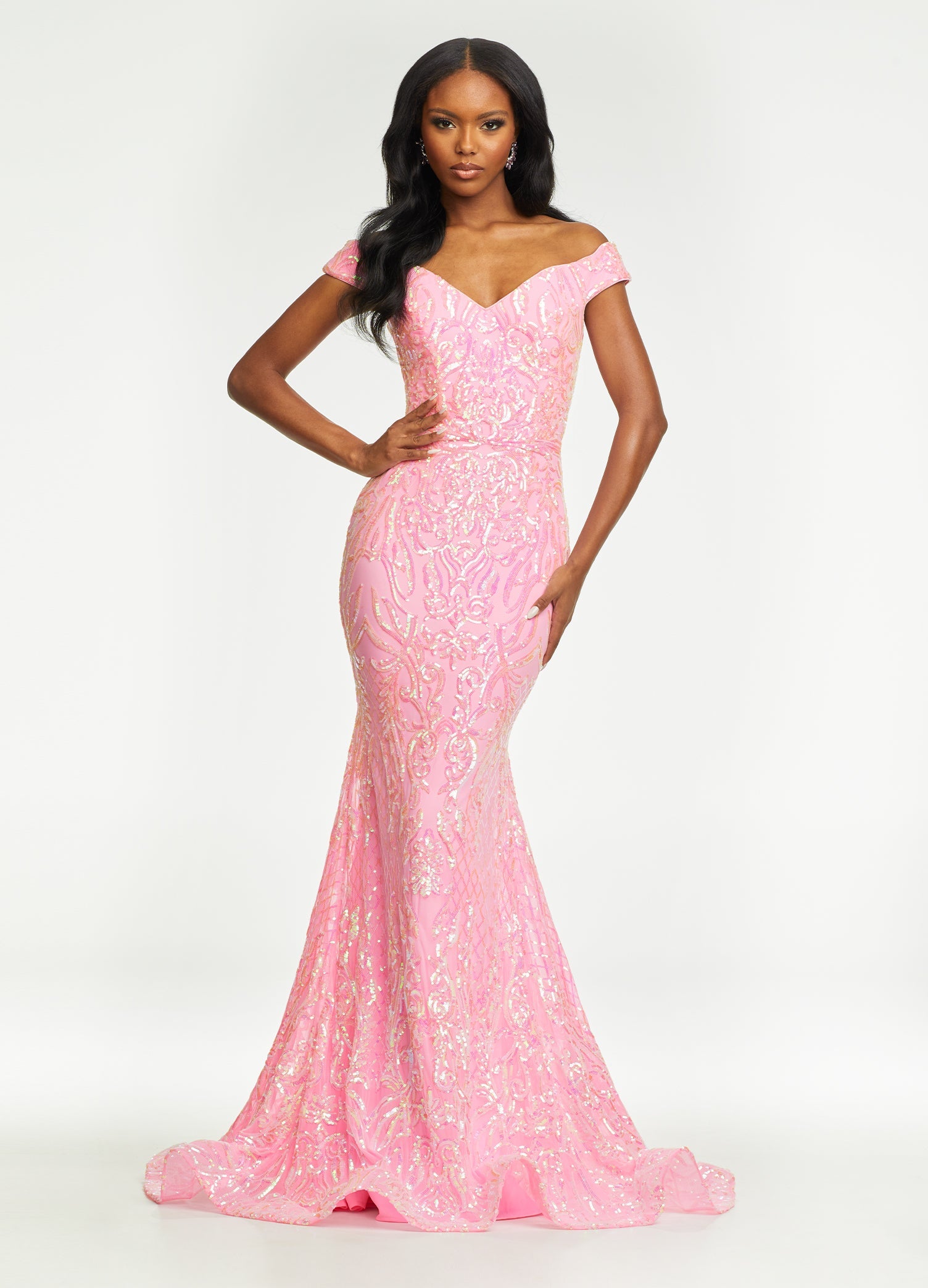 Baby Pink ASHLEYlauren 11112 Off-Shoulder Stretch Sequin Gown with Sweetheart Neckline, High Back, and Horsehair Hem