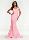 Baby Pink ASHLEYlauren 11112 Off-Shoulder Stretch Sequin Gown with Sweetheart Neckline, High Back, and Horsehair Hem