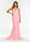 Baby Pink ASHLEYlauren 11113 stretch sequin gown featuring spaghetti straps, an illusion V-neckline, deep V-back, and a horsehair hem for a sleek and glamorous statement look.