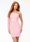 Baby Pink ASHLEYlauren 4457 fully hand-beaded cocktail dress featuring a one shoulder sleeve and a fitted skirt for a sleek and glamorous silhouette.