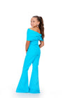 Back- ASHLEYlauren Kids 8227 Turquoise Off Shoulder Scuba Jumpsuit with Oversized Bow.