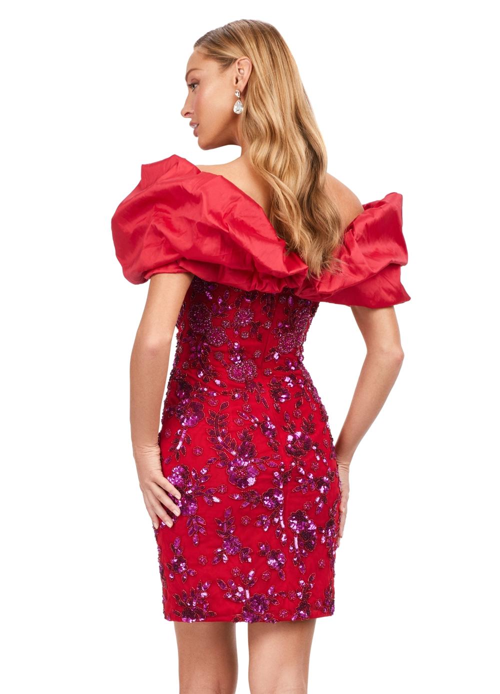 Back - Red ASHLEYlauren 4613 fully beaded cocktail dress featuring an off shoulder neckline with oversized taffeta ruffle detail and a fitted skirt for a bold and fun statement look.