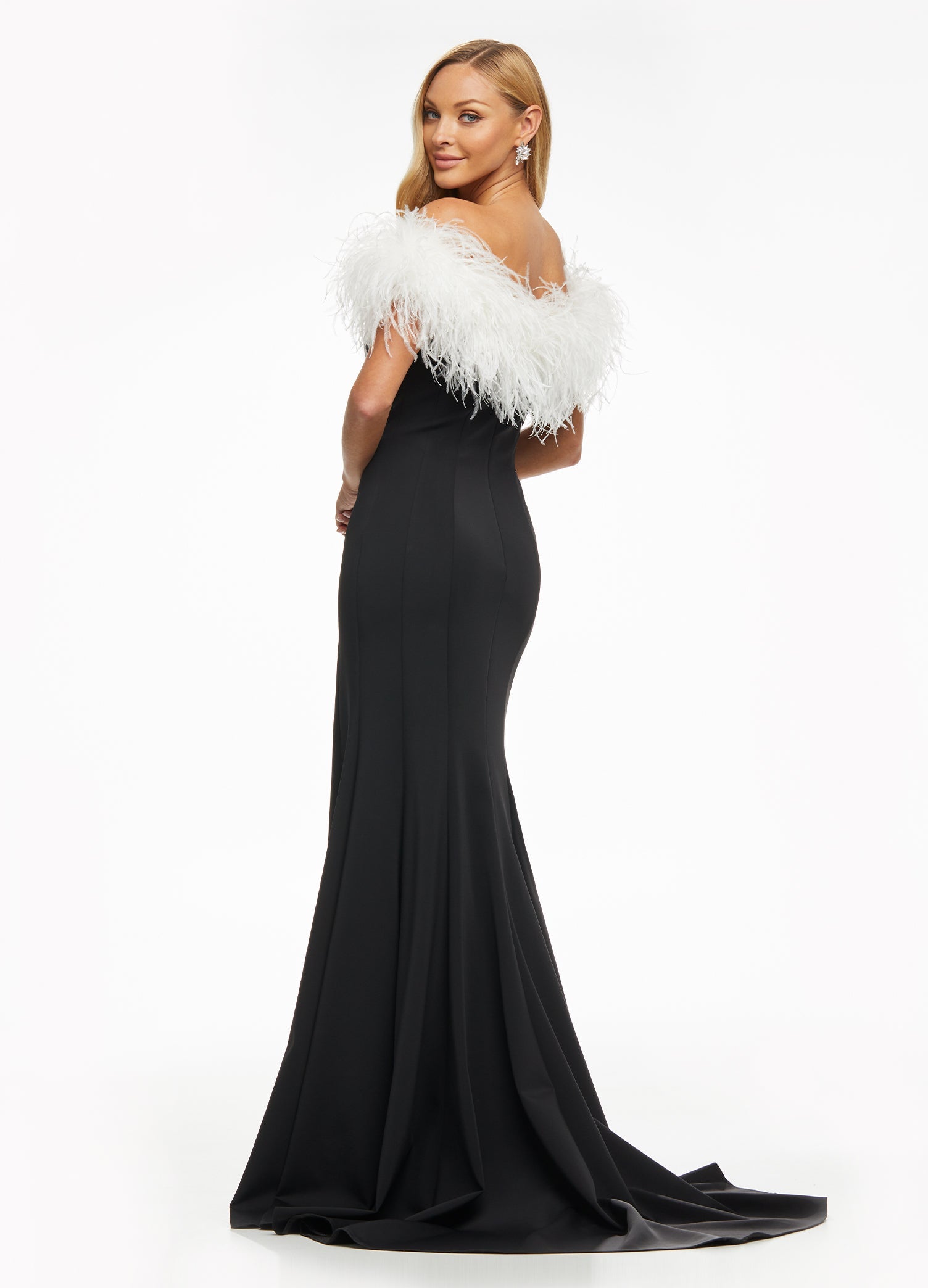 Back.Black ASHLEYlauren 11101 Off-Shoulder Scuba Gown with Sweetheart Neckline, Feather Accents, and Left Leg Slit