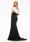 Back.Black ASHLEYlauren 11101 Off-Shoulder Scuba Gown with Sweetheart Neckline, Feather Accents, and Left Leg Slit